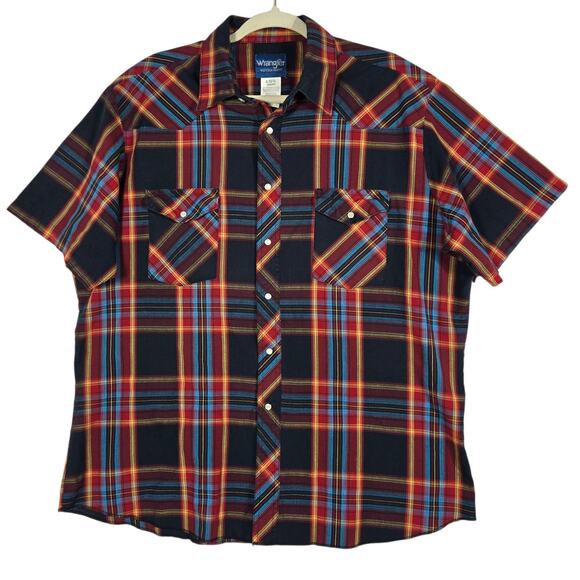 Wrangler Western Shirt Mens XL Navy Red Plaid Pearl Snap Short Sleeve Cowboy - Picture 1 of 11